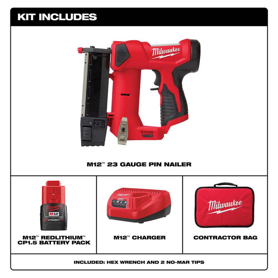 For Milwaukee 2540-21 M12 12V 23 Gauge Lightweight Compact Cordless Pin Nailer Kit - WoodArtSupply