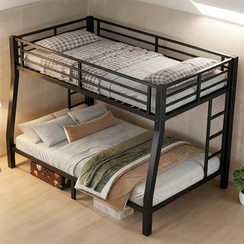 Bellemave Metal Full XL Over Queen Bunk Bed with High Guardrail & Under-Bed Storage, Heavy Duty Bunk Beds Frame with 2 Side Ladders, Full Over Queen Bunk Bed for Adults, No Box Spring Needed, Black Bellemave