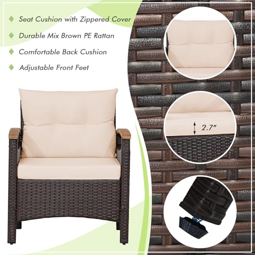 Tangkula 3-Piece Patio Furniture Set, Patiojoy Outdoor Rattan Sofa Set with Coffee Table, Patio Conversation Set with Removable Cushion, Cozy Acacia Wood Armrests for Backyard, Poolside (Beige) Tangkula