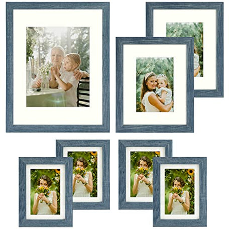 Frametory, Gallery Wall Frame Set of 7 Multiple Sizes 11x14, 8x10, 5x7 Picture Frame Collage with Ivory Color Mat for Prints, with Real Glass (Blue) Frametory