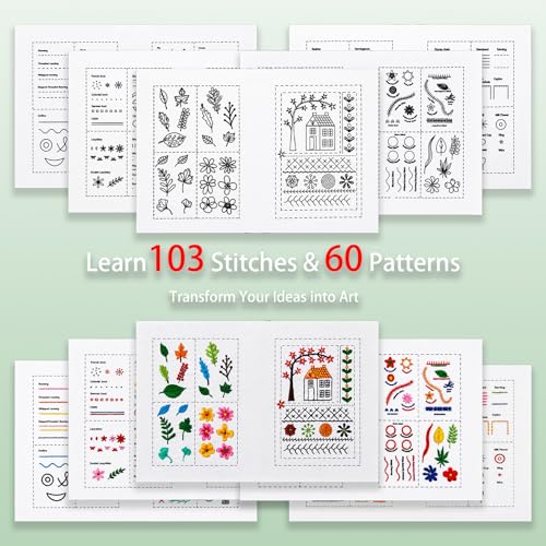 NBNQ Embroidery Stitch Book Kit for Beginners with Portable 10.65"x8.27" Loose-Leaf Cover, Includes 6 Fabric Pages, Complete Toolkit, Instructions and Videos.