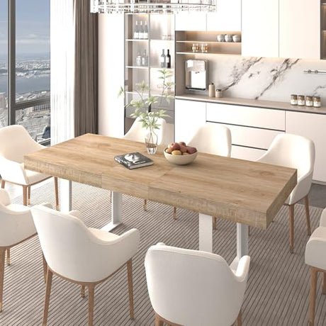 BAYYELL 63" - 79" Extendable Dining Room Table, Expandable Kitchen Table for 6 to 10 People, Modern Wood Conference Table, Large Farmhouse Dining Table(White Oak, Double-U Base) BAYYELL