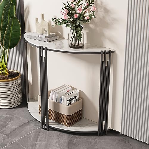Wisfor Sintered Stone Console Table: Half Round White Entryway Table with Black Frame - Modern Narrow Sofa End Table - Semicircular Accent Table for Hallway, 39.4x11.8x30.7 inch Wisfor