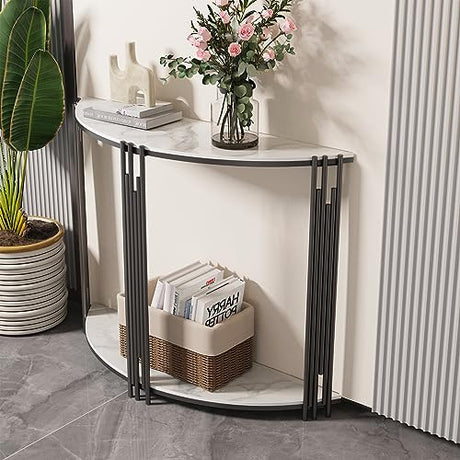 Wisfor Sintered Stone Console Table: Half Round White Entryway Table with Black Frame - Modern Narrow Sofa End Table - Semicircular Accent Table for Hallway, 39.4x11.8x30.7 inch Wisfor