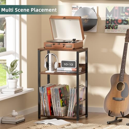 LELELINKY Record Player Stand, 3-Tier End Side Table with Vinyl Record Storage, Vinyl Record Holder Up to 120 Albums, Turntable Stand with Vinyls Storage for Music Living Room, Brown LELELINKY
