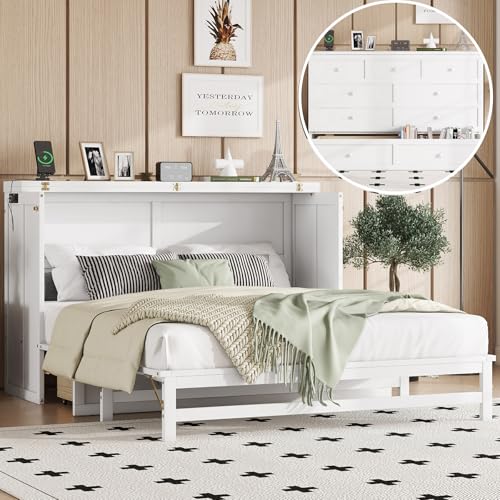 DNChuan Queen Size Murphy Cabinet Bed with 2 Storage Drawers and USB-Port,Foldable Murphy Horizontal Platform Bed,Dresser Bed,Space Saving,No Box Spring Needed,White DNChuan