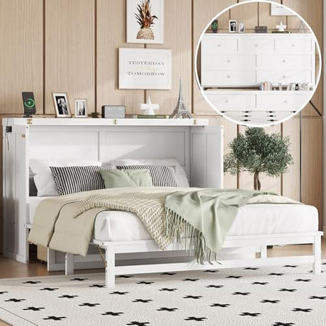 DNChuan Queen Size Murphy Cabinet Bed with 2 Storage Drawers and USB-Port,Foldable Murphy Horizontal Platform Bed,Dresser Bed,Space Saving,No Box Spring Needed,White DNChuan