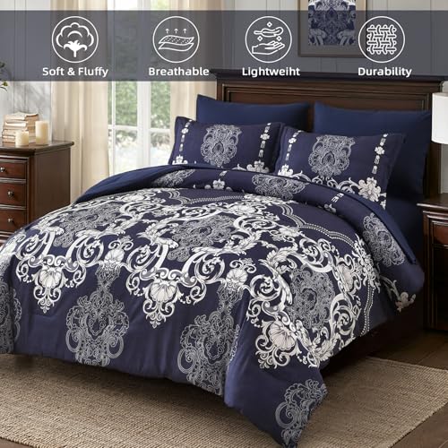 Mybedsoul 7 Pieces Navy Blue Comforter Set King Size, Damask Bed in a Bag for King Bed, Lightweight Microfiber Boho Bedding Sets with Comforter, Sheet, Pillowcases & Shams for All Season(90"x104") Mybedsoul