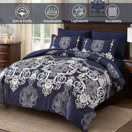 Mybedsoul 7 Pieces Navy Blue Comforter Set King Size, Damask Bed in a Bag for King Bed, Lightweight Microfiber Boho Bedding Sets with Comforter, Sheet, Pillowcases & Shams for All Season(90"x104") Mybedsoul