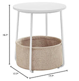 VASAGLE End Table, Small Bedside Table with Fabric Basket, Modern Nightstand, Round Side Table, for Living Room, Bedroom, Matte White and Camel Brown ULET223W10 VASAGLE