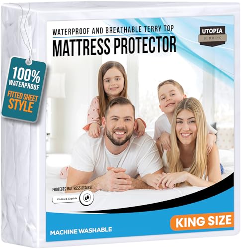 King Size Mattress Protector Waterproof, Premium 200 GSM Terry Mattress Cover, Soft & Breathable Bed Cover, Fitted Sheet Style Stretchable Deep Pockets 17" by Utopia Bedding (White) Utopia Bedding