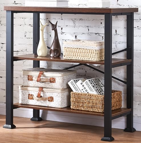 HOMBAZAAR 3-Tier Vintage Industrial Bookshelf - Rustic Wood and Metal Free Standing Storage Bookcase in Brown - WoodArtSupply