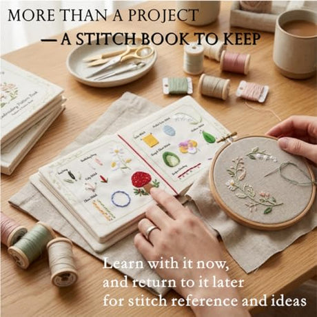 TenDawn Beginner Embroidery Stitch Book with Fabric Pages, 32 Essential Stitches in Structured Learning Order for Adults, DIY Sewing Kit with Floral Motifs, Practice Patterns TenDawn