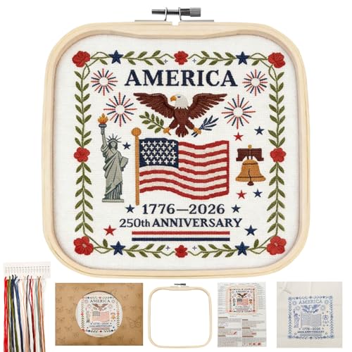 US 250th Anniversary Embroidery Kit, Patriotic Cross Stitch Kits, DIY Embroidery Kits for Adults with 1776-2026 Flag Pattern, 20cm Hoop, Threads, Needles & Instructions for Veterans Military Fans