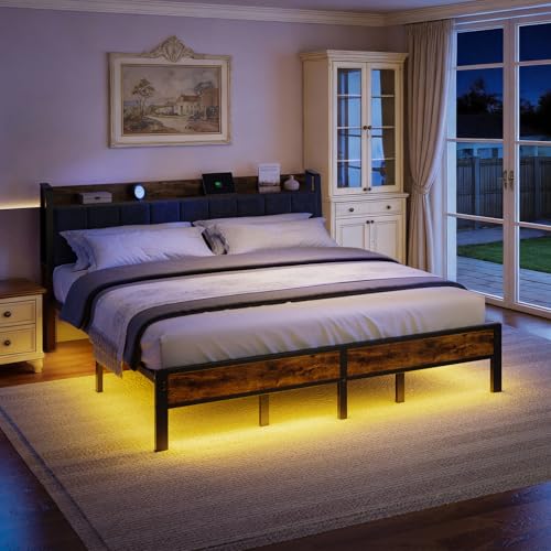 King Size Bed Frame with USB Charging Station, Storage Headboard with Smart LED Lights, Metal Platform Bed Noise Free, No Box Spring Needed, Easy Assembly Liians