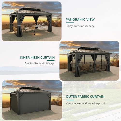 YITAHOME 12x16ft Hardtop Gazebo with Nettings and Curtains, Heavy Duty Double Roof Galvanized Steel Outdoor Combined of Vertical Stripes Roof for Patio, Backyard, Deck, Lawns, Gray YITAHOME