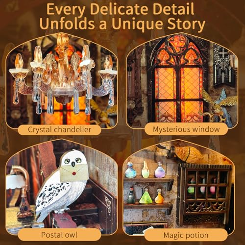 BELEEV Book Nook Kit - DIY Miniature Wooden Booknook with LED Lights, Dust Cover 3D Puzzle Bookend Bookshelf Decor Gift for Adults Teens - Magic Academy