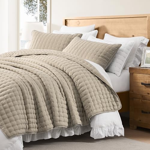 WDCOZY Beige King Size Quilt Bedding Sets with Pillow Shams, Tan Cream Lightweight Bedspread Coverlet, Quilted Blanket Thin Comforter Bed Cover, All Season Summer Spring, 3 Pieces, 104x90 inches WDCOZY