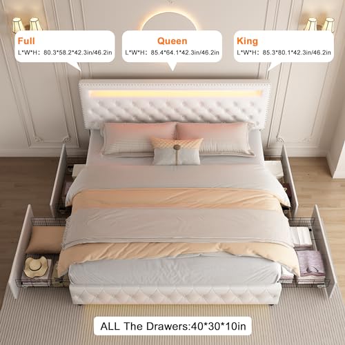 GEGOFORU Full Led Bed Frame with 4 Storage Drawers, with Smart Control RGBW LED Lights Headboard Footboard, Control DIY Color, Box Spring Optional, PU White Generic