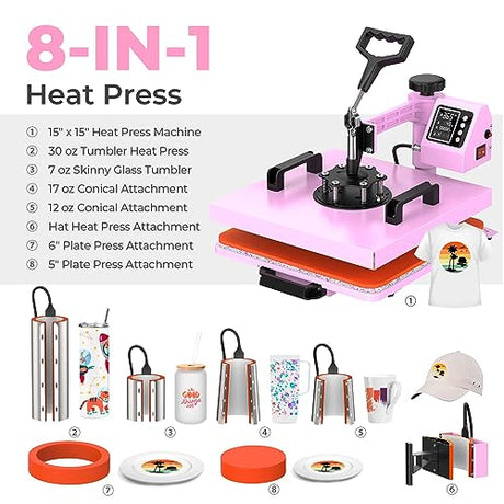 Pro 15x15 Heat Press with 30 OZ Tumbler Attachment, 8in1 Combo Tumbler Heat Press for T-Shirts, Tumblers Glass Cans Mugs Hats, and Plates (Pink) EnjoyColor