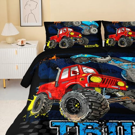 QOOMO Truck Comforter Set for Kids Teens Boys,Cars Kids Comforter,1 Comforter with 2 Pillowcase, Microfiber 3 Piece Bedding Set,Soft and Lightweight(Black，Full Size) QOOMO