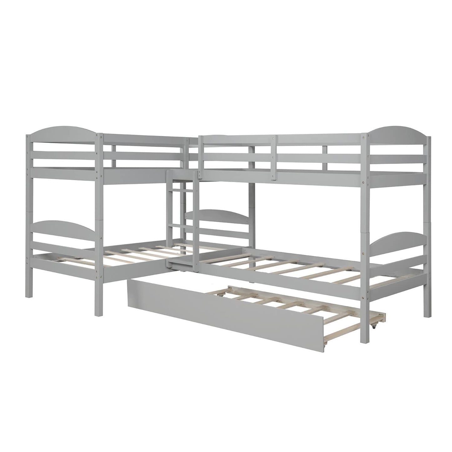 Harper & Bright Designs Quad Bunk Bed with Trundle, L Shaped Bunk Bed for 4 Kids, Wooden Twin Bunk Bed Frame for Kids Teens Adults (Gray)