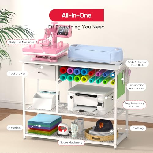 Crafit Extra Large Heat Press Table, Heat Press Stand Desk Cart with Vinyl Storage, Multi-Purpose Heavy Duty Metal Workbench for DIY Sublimation, T-Shirts Caps Mug & Tumbler Heat Transfer Projects Crafit