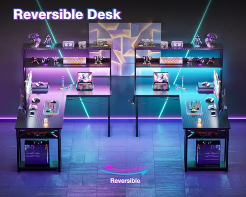 ODK 53" L Shaped Gaming Desk with Hutch & Headphone Hook, Corner Computer Table with Storage Shelves for Home Office, Black ODK