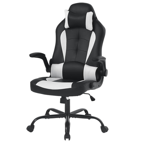 Ruesleag PC Gaming Racing Chair Ergonomic Office Computer Chair HIgh Back Video Racing Chair w/Lumbar Support Flip Up Arms Headrest PU Leather Study Desk Chair Executive Office Chair for Adults,White Ruesleag