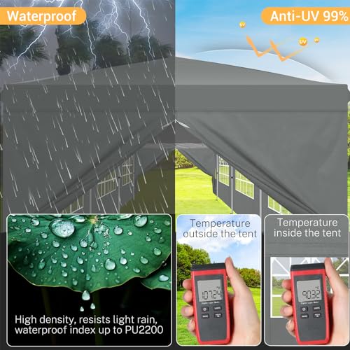 COBIZI 10x30 Pop up Canopy Tent for Parties with 8 Removable Sidewalls, Waterproof UPF 50+ Commercial Event Tent, Protable Outdoor Canopy with 4 Sandbags for Wedding, Backyard(10x30FT, Gray) COBIZI