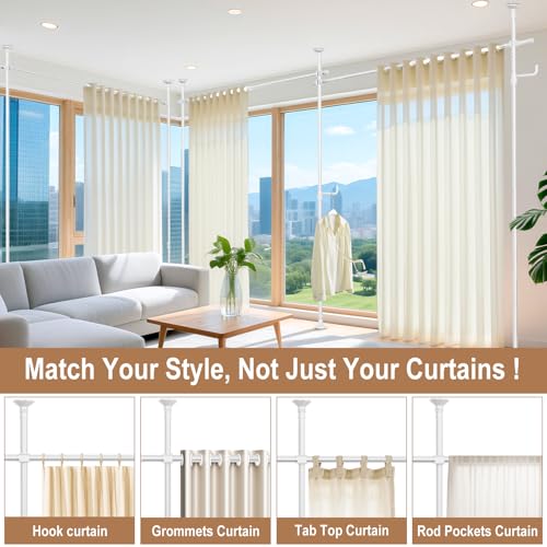Seamless Room Divider Curtain Rod - No Drilling Space Partition Adjustable Privacy Separator, 4-10ft(H) 28-161inch(W) Adjustable, Heavy Duty Freestanding Tension Curtain Stand, White SIBRAD
