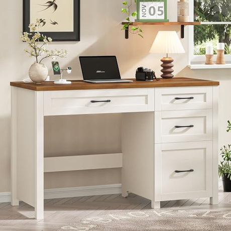 Vabches Farmhouse 47" Executive Desk, Computer Desk with File Drawer and Charging Station, Workstation for Home Office, Study,(Unique White). Vabches