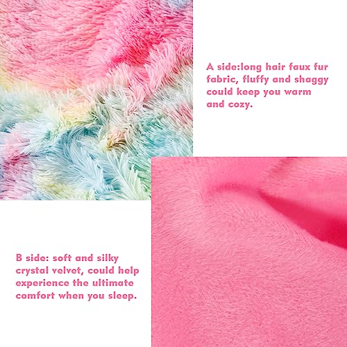 PERFEMET Pink Faux Fur Fluffy Comforter Twin 3-Piece Colorful Rainbow Plush Shaggy Bedding Sets for Girls Tie Dye Fuzzy Furry Comforter Set(Pink, Twin) PERFEMET