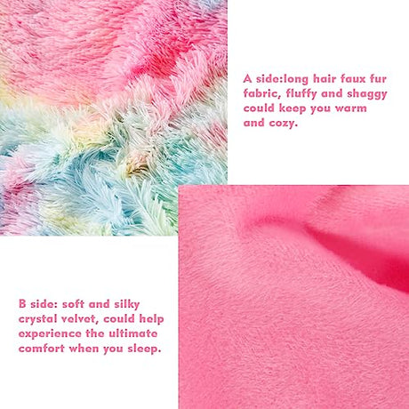 PERFEMET Pink Faux Fur Fluffy Comforter Twin 3-Piece Colorful Rainbow Plush Shaggy Bedding Sets for Girls Tie Dye Fuzzy Furry Comforter Set(Pink, Twin) PERFEMET