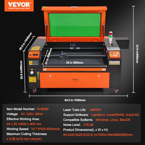 VEVOR 100W CO2 Laser Engraver, 24 x 35 in, 19.7 IPS Laser Cutter Machine with 2-Way Pass Air Assist, Compatible with LightBurn, CorelDRAW, AutoCAD, Windows, Mac OS, Linux, for Wood Acrylic Fabric More VEVOR