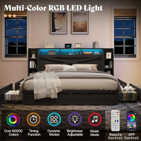 AMERLIFE 45'' Farmhouse King Bed Frame with 4 Drawers, LED Bed Frame with Bookcase Headboard & Side Shelves, Wood Platform Bed with Charging Station, Black AMERLIFE
