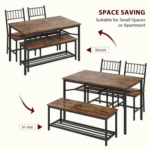 Garvee Dining Table Set for 4 with Bench and Chairs, 4-Piece Kitchen Table Set with Storage – Space-Saving Dining Table for Apartments and Dining Rooms, Brown Garvee
