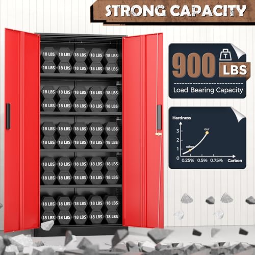 INTERGRAET Metal Storage Cabinet with Adjustable Shelves, Garage Storage Cabinets with Doors and Shelves, File Cabinets for Home Office, Kitchen Pantry Cabinet, 72''H, Black Red INTERGREAT