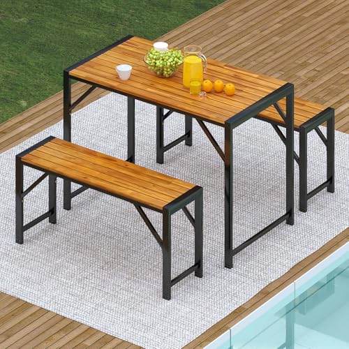 Tangkula 3-Pieces Patio Dining Set for 4 People, Outdoor Picnic Table & 2 Benches, 44" Acacia Wood Dining Table w/Metal Frame, Space-Saving Dinette Set for Garden Porch Poolside Yard Balcony Tangkula