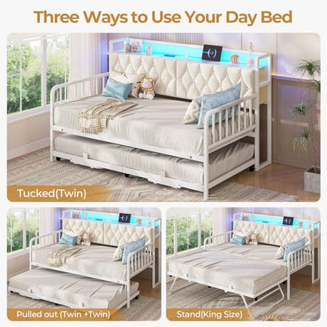 ADORNEVE Daybed with Trundle, Twin to King Daybed with Charging Station & LED Lights, Metal Trundle Bed Twin with Hidden Storage Headboard, Upholstered Sofa Day Bed for Living Room, Bedroom, White ADORNEVE