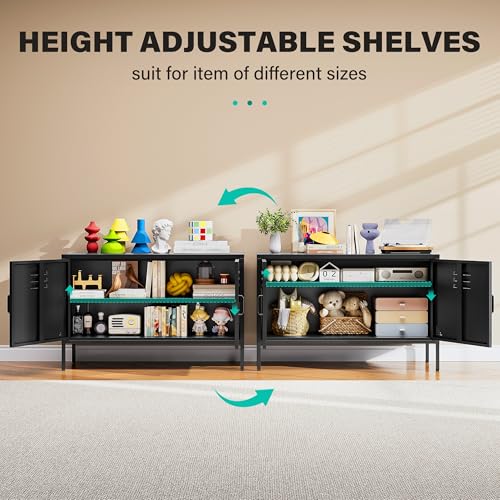 SISESOL Black Metal Storage Cabinet with Doors and Shelves,2 Door Wide Metal Locker Accent Storage Cabinet with Leg & Vent Hole,Wide TV Cabinets,Low Side Cupboard for Home,Office,Dining/Living Room SISESOL