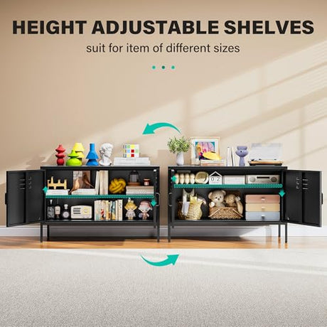 SISESOL Black Metal Storage Cabinet with Doors and Shelves,2 Door Wide Metal Locker Accent Storage Cabinet with Leg & Vent Hole,Wide TV Cabinets,Low Side Cupboard for Home,Office,Dining/Living Room SISESOL