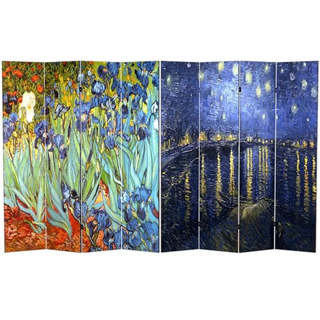 Red Lantern 6 ft. Tall Double Sided Works of Van Gogh Canvas Room Divider - Irises/Starry Night Over Rhone 4 Panel Freestanding Folding Privacy Screen Partition Separator for Modern and Contemporary Red Lantern