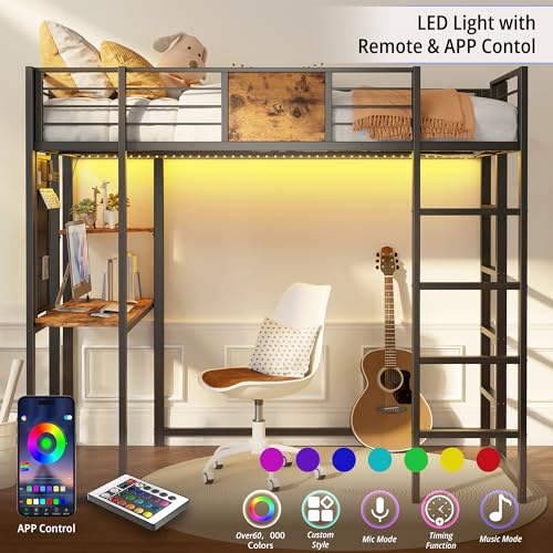 LIKIMIO Black Twin Metal Loft Bed with Integrated Desk, Shelves, and LED Lights for Teens and Adults - WoodArtSupply