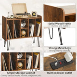 Leesingdo Large Record Player Stand with Vinyl Storage, Retro Brown Record Player Table with Power and USB Port, Holds Up to 200 Albums, Turntable Stand Vinyl Record Player Storage Cabinet Leesingdo