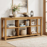 TRIBEWOOD 63-Inch Solid Wood Console Table for Entryway, 3-Tier Long Farmhouse Sofa Table with 6 Storage Cubes for Living Room, Hallway, Brown TRIBEWOOD