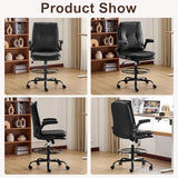 Karl home Drafting Chair Height Adjustable for Standing Desk, PU Upholstered Tall Office Swivel Desk Chair with Flip-Up Armrests, Ergonomic Lumbar Support, Adjustable Foot Ring, Black Karl home