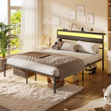 Ourpic Queen Bed Frame with Led Lights and Charging Station, Bed Queen Size Frame with Headboard and Under Bed Storage, Black Metal Platform Bedframe and Storage Shelf, Easy Install OURPIC