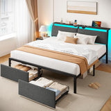 Rolanstar Full Size Bed Frame with Ergonomic Headboard Storage & Charging Station, Upholstered Platform Bed with LED Light & Drawer, Heavy Duty Metal Slats, Noise Free, No Box Spring Needed, Grey Rolanstar