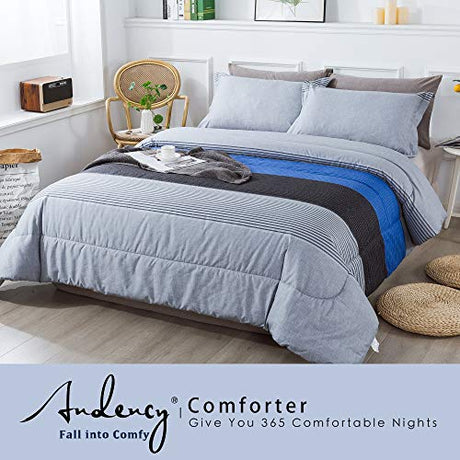 Andency Full Size Blue Comforter Set (79x90 Inch), 3 Pieces Gray and Blue Patchwork Striped Comforter, Soft Microfiber Down Alternative Comforter Bedding Set Bed in a Bag with Corner Loops Andency